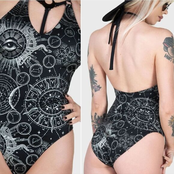 Killstar Black NEW Silver Lunar Tide One Piece Halter Swimsuit Size Small (6) - Picture 7 of 14